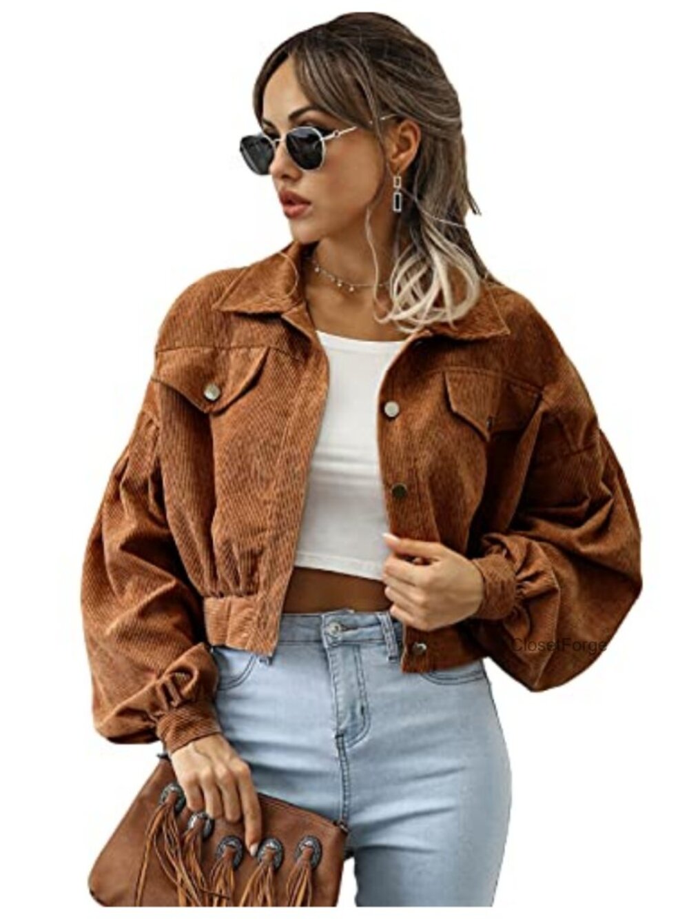 Corduroy Cropped Jacket Loose Button Down Puff Sleeve Shacket Coat